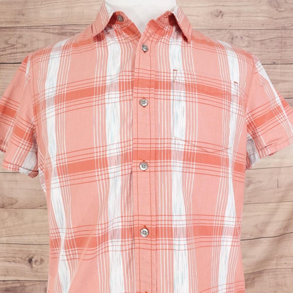 PrAna Shirt Mens Medium Orange Plaid Short Sleeve Button‎ Front Casual Outdoor